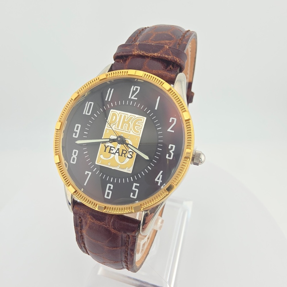 Vtg 1990s FOSSIL Mens Watch Pike Corp. 50th Anniversary Leather Gold Plate 7.75"